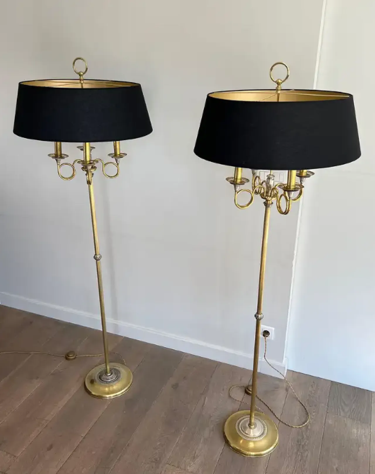 Pair of brushed steel & brass floor lamp, 1940s 2