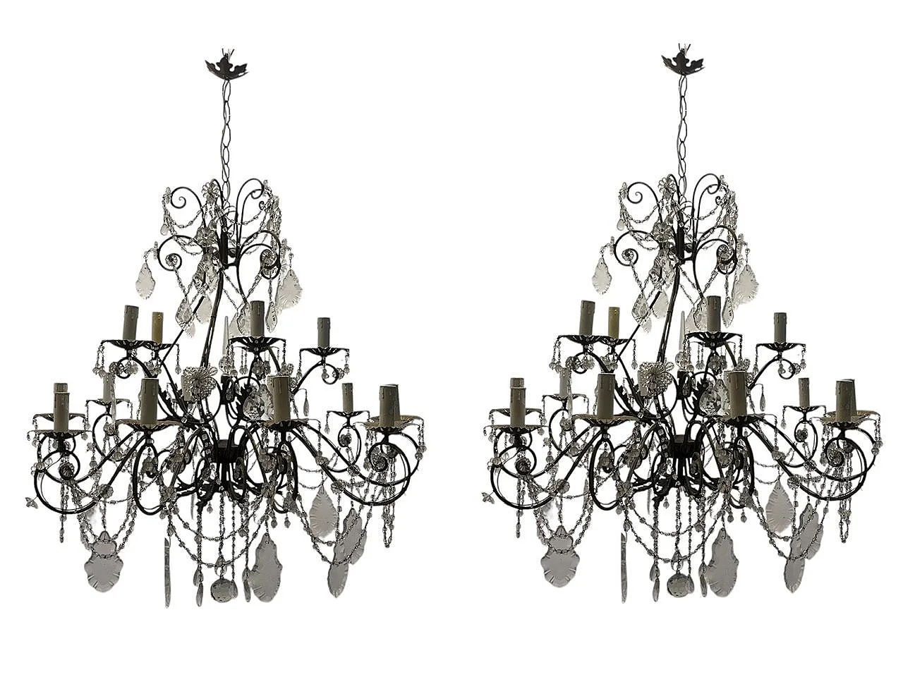 Large Macaroni Crystal Chandeliers, 1950s, Set of 2 1