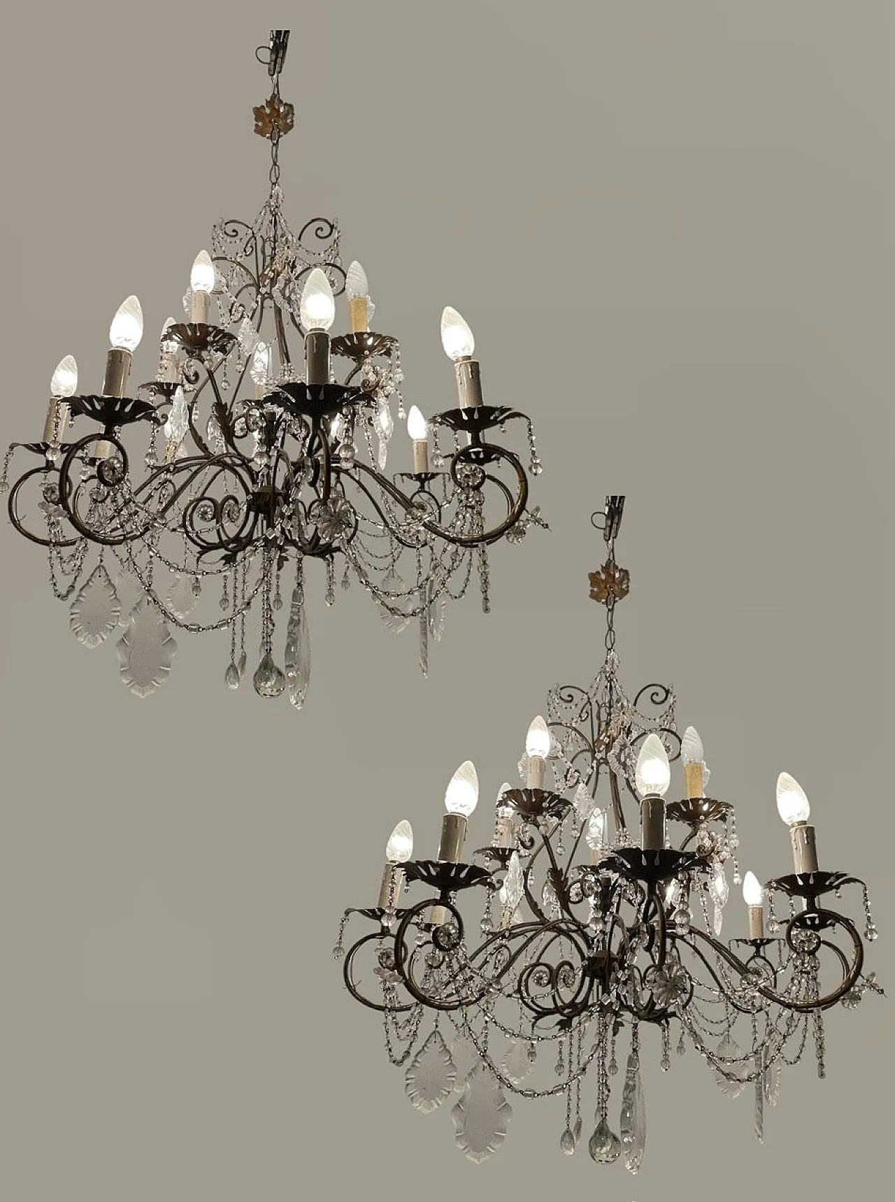 Large Macaroni Crystal Chandeliers, 1950s, Set of 2 13