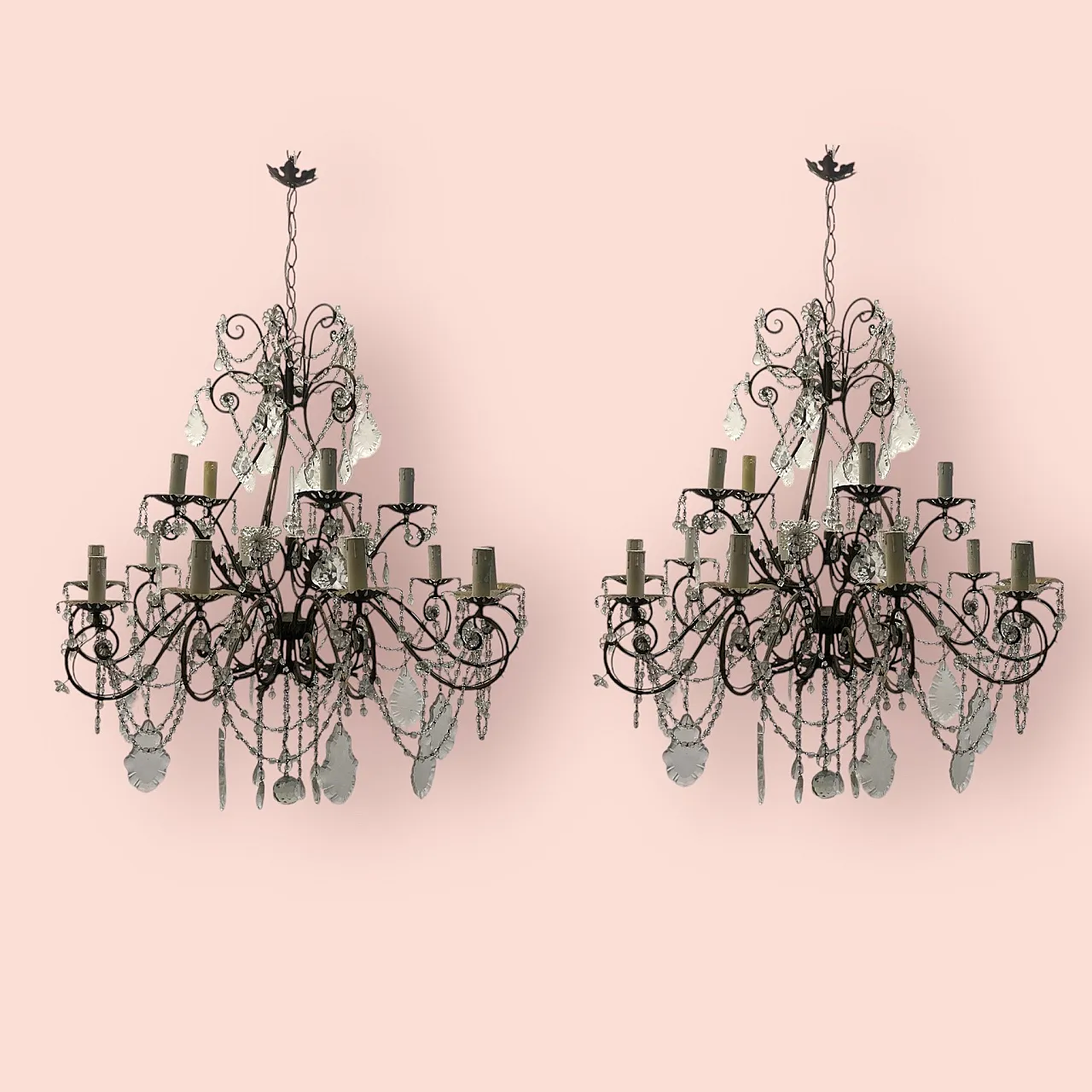 Large Macaroni Crystal Chandeliers, 1950s, Set of 2 14