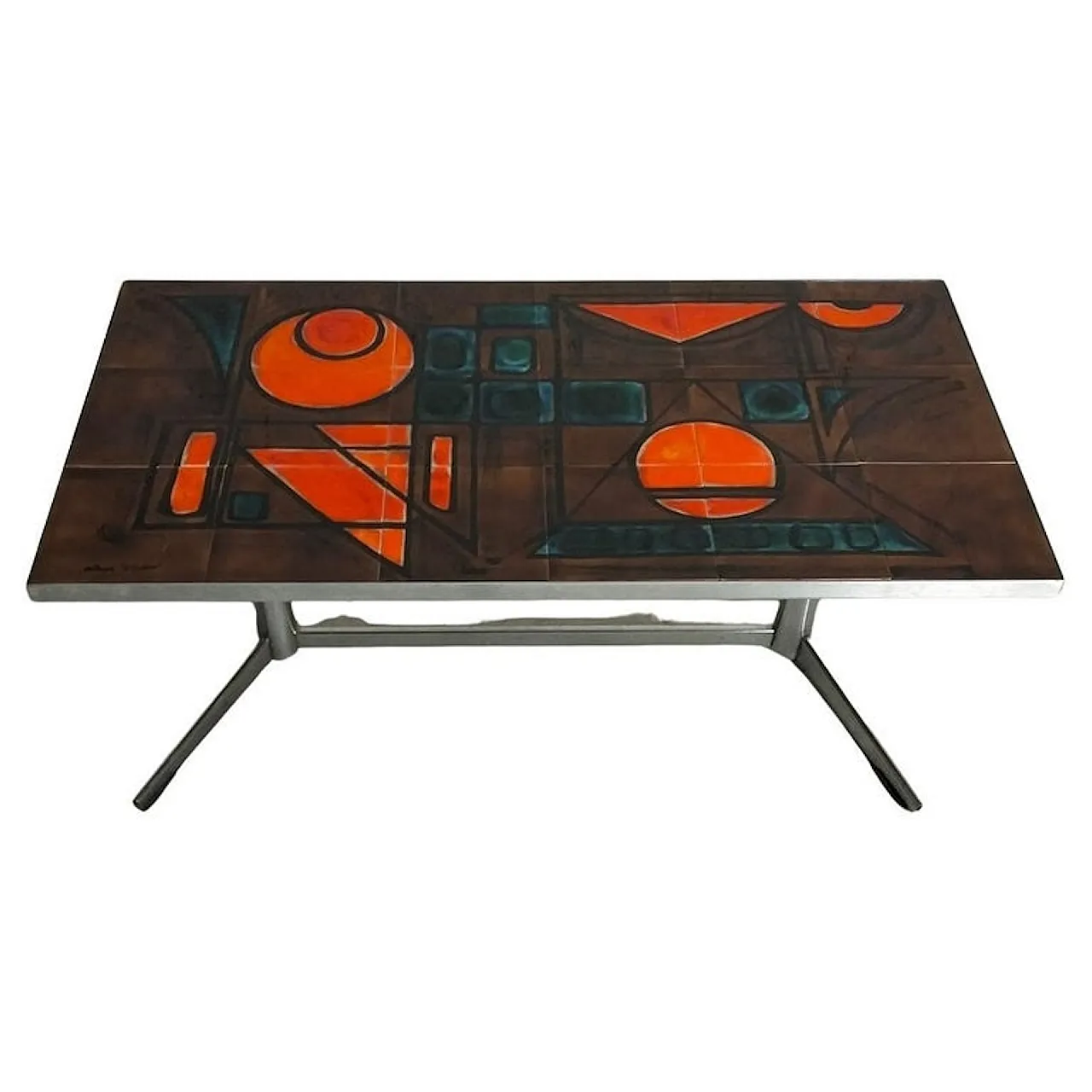 Vallauris La Grange, French metal and ceramic low table, 1960s 1