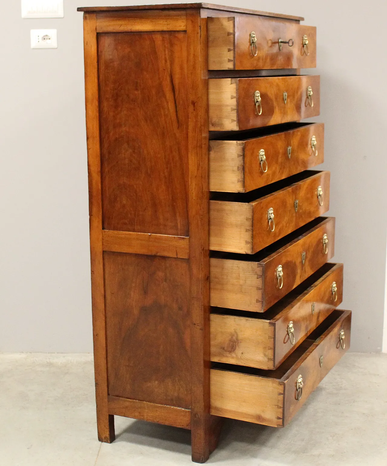 Impero chest with weekly drawers in solid walnut, 19th century 6