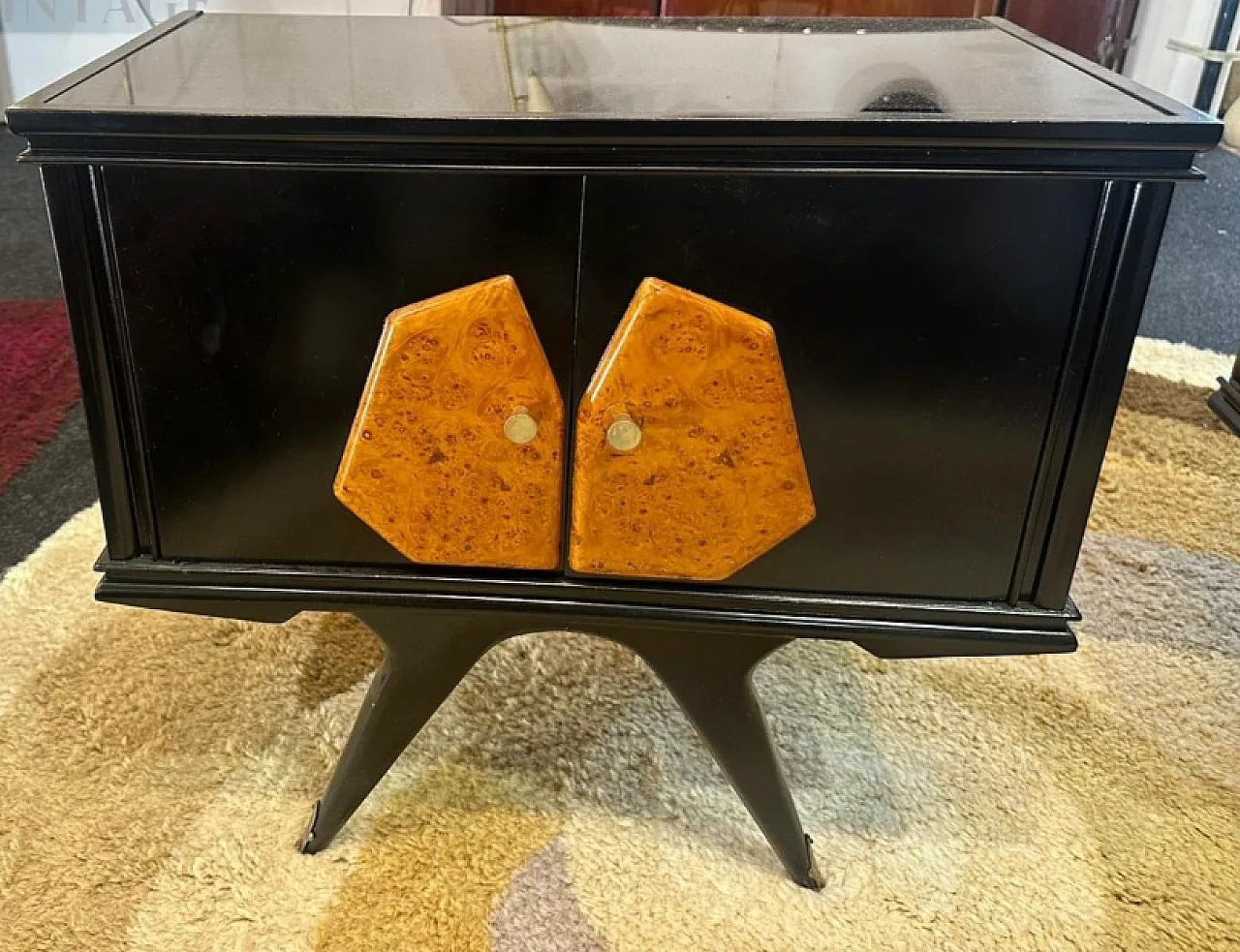 Pair of bedside tables in black lacquered wood and birch root, 1950s 3