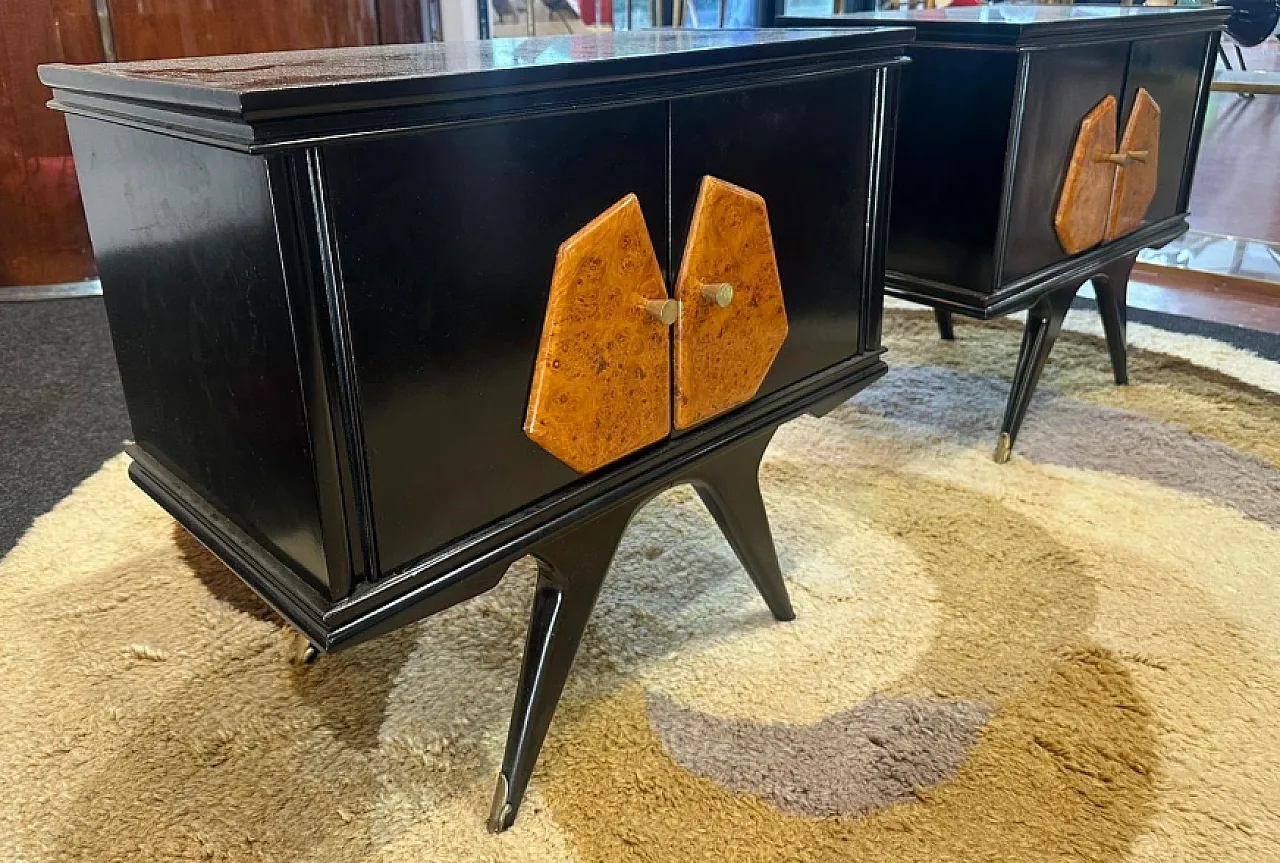 Pair of bedside tables in black lacquered wood and birch root, 1950s 4