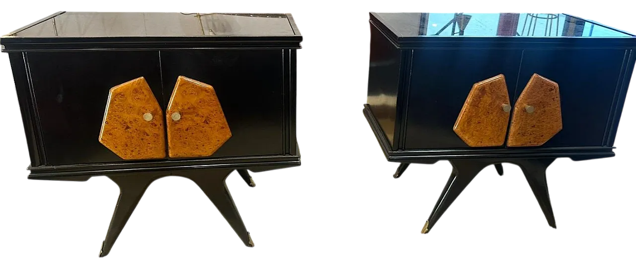 Pair of bedside tables in black lacquered wood and birch root, 1950s 6