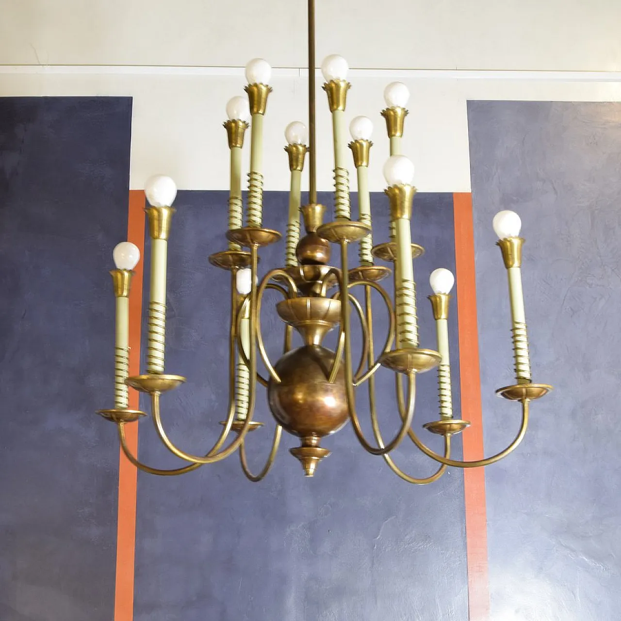 Lampadario a 12 luci in ottone, anni '50 2