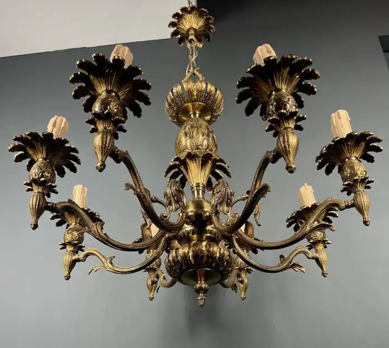 Bronze pineapple chandelier with 8 arms, 1960s 12