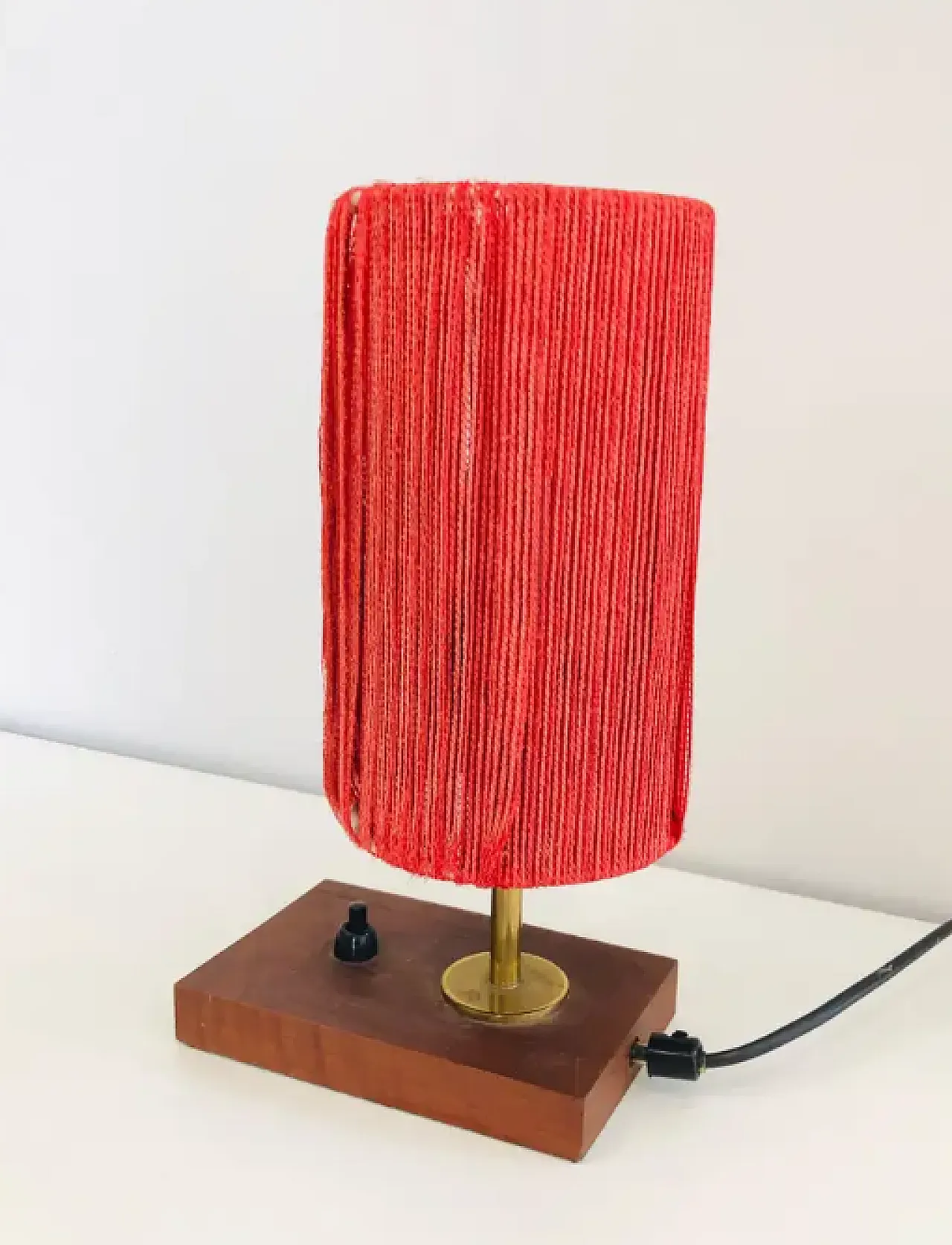 Small wood, brass and wool table lamp, 1950s 2