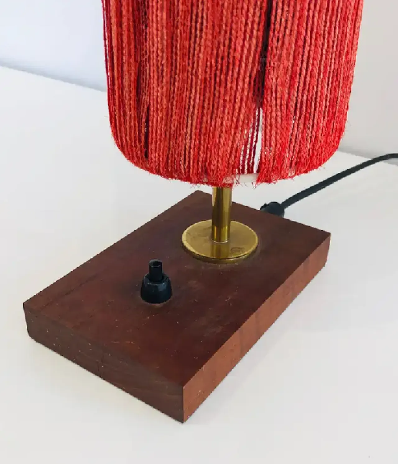 Small wood, brass and wool table lamp, 1950s 3