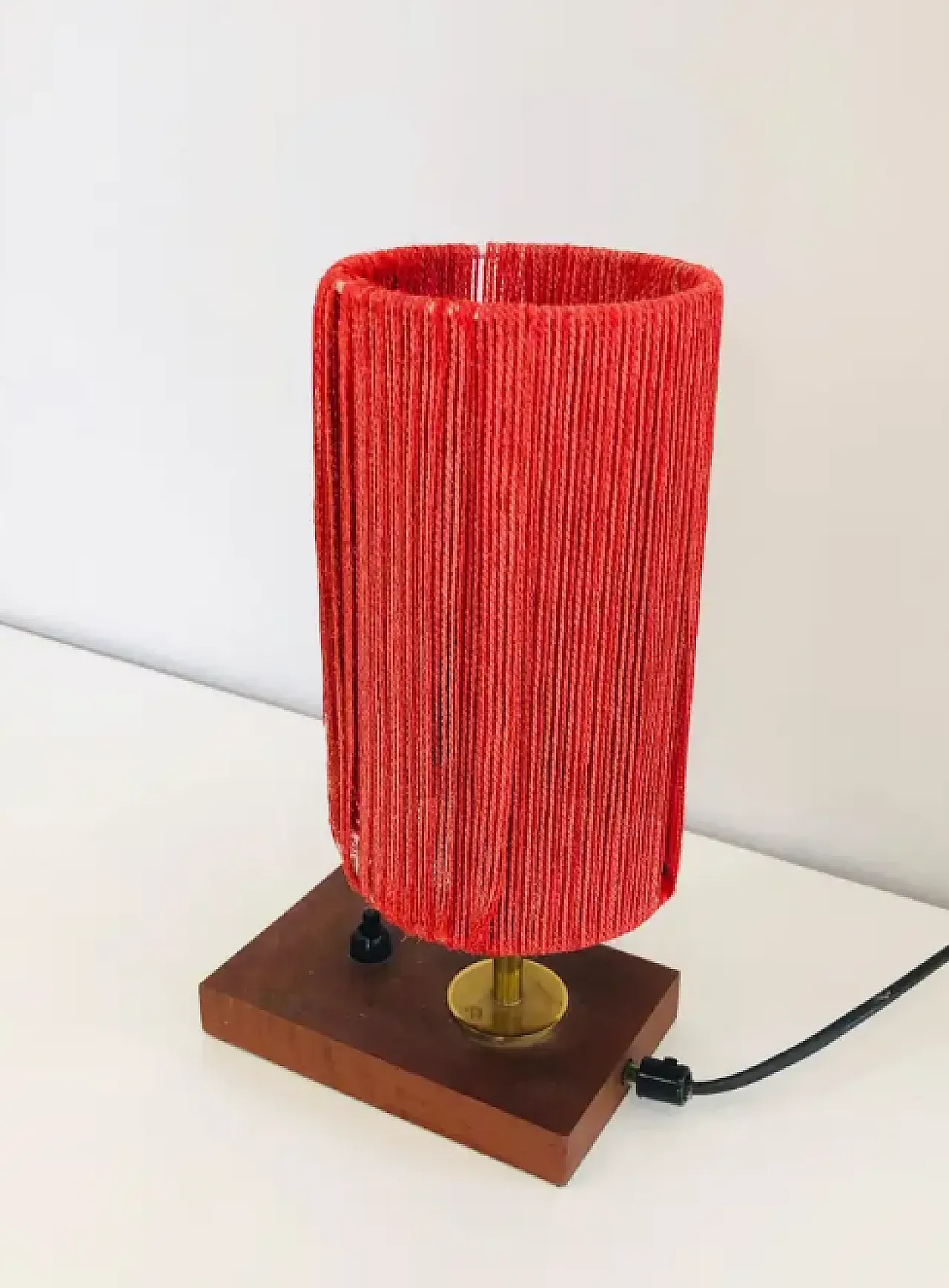 Small wood, brass and wool table lamp, 1950s 7