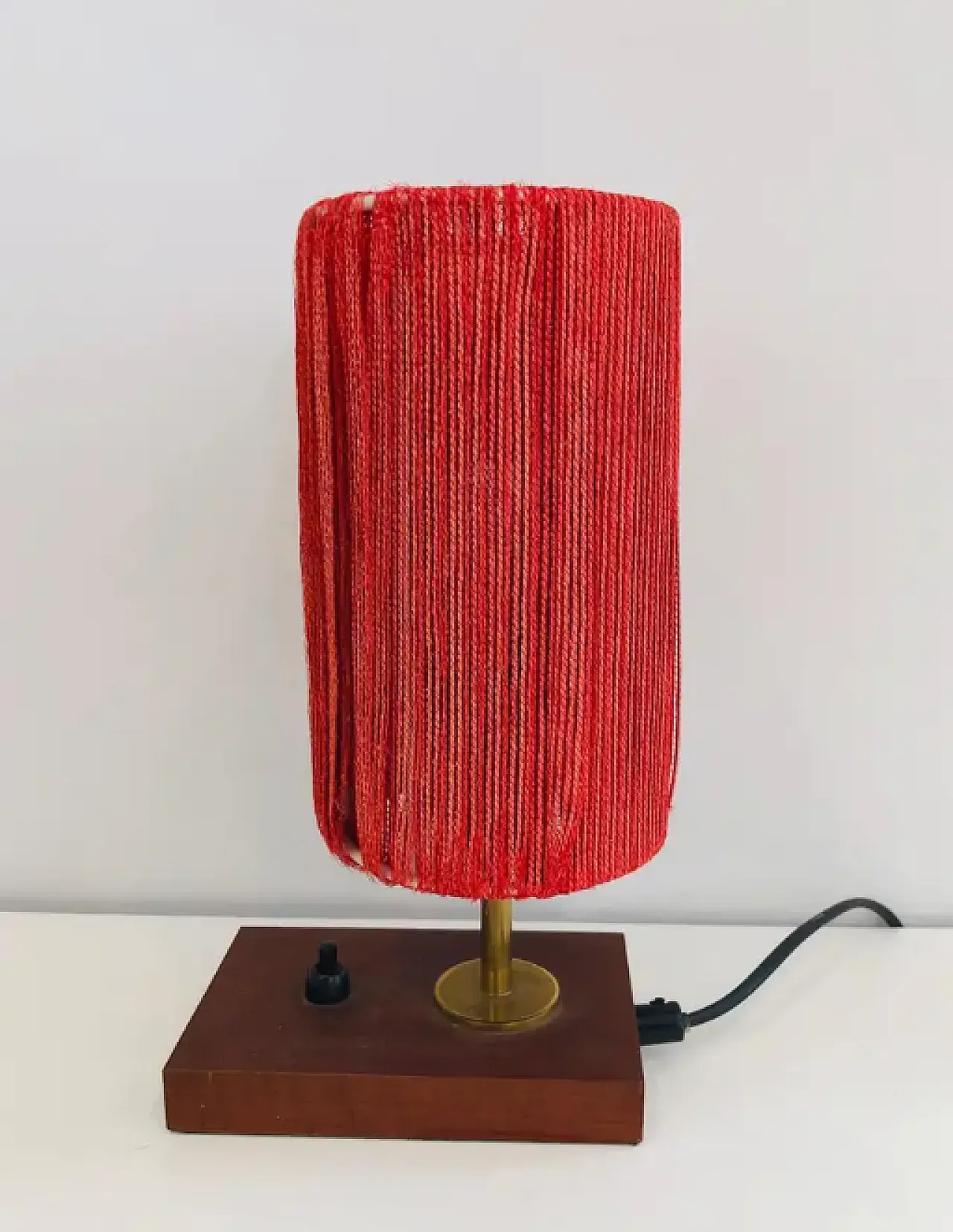 Small wood, brass and wool table lamp, 1950s 8