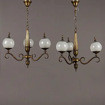 Pair of glass and brass chandeliers, 1950s