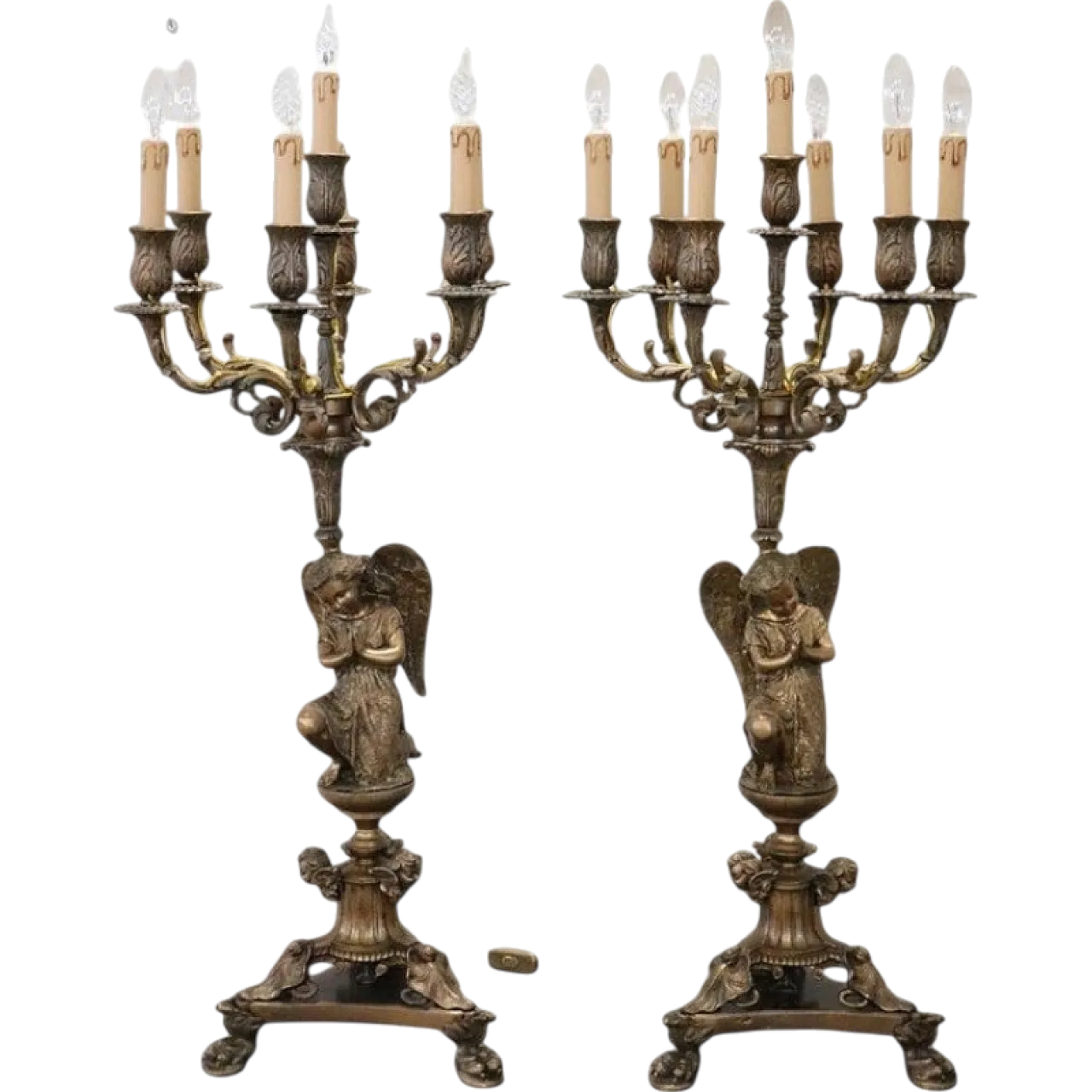 Pair of large electrified bronze candelabra with angels, 19th century 21