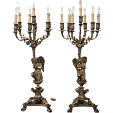 Pair of large electrified bronze candelabra with angels, 19th century