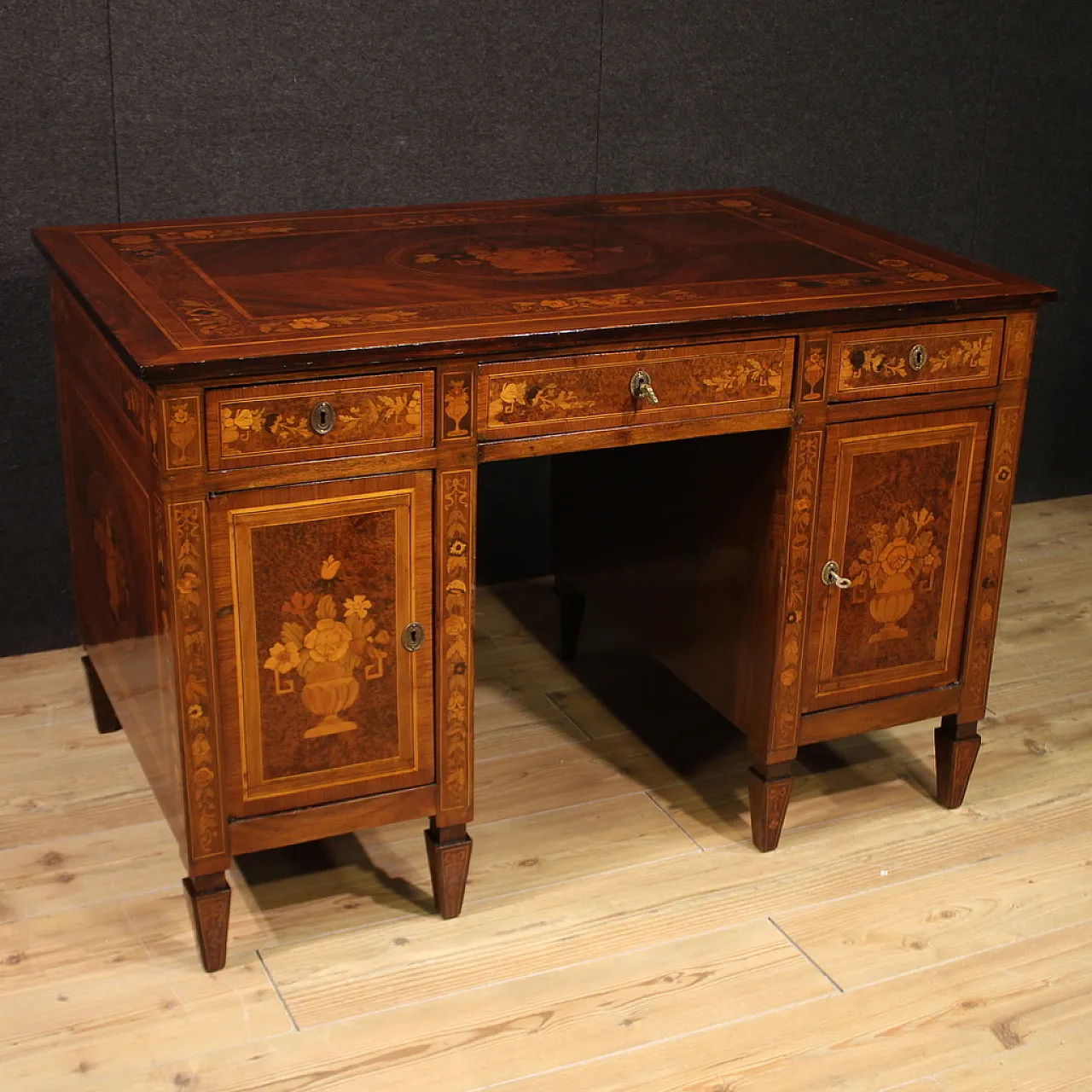 Louis XVI style center desk with flower inlaid wood, 1920s 1