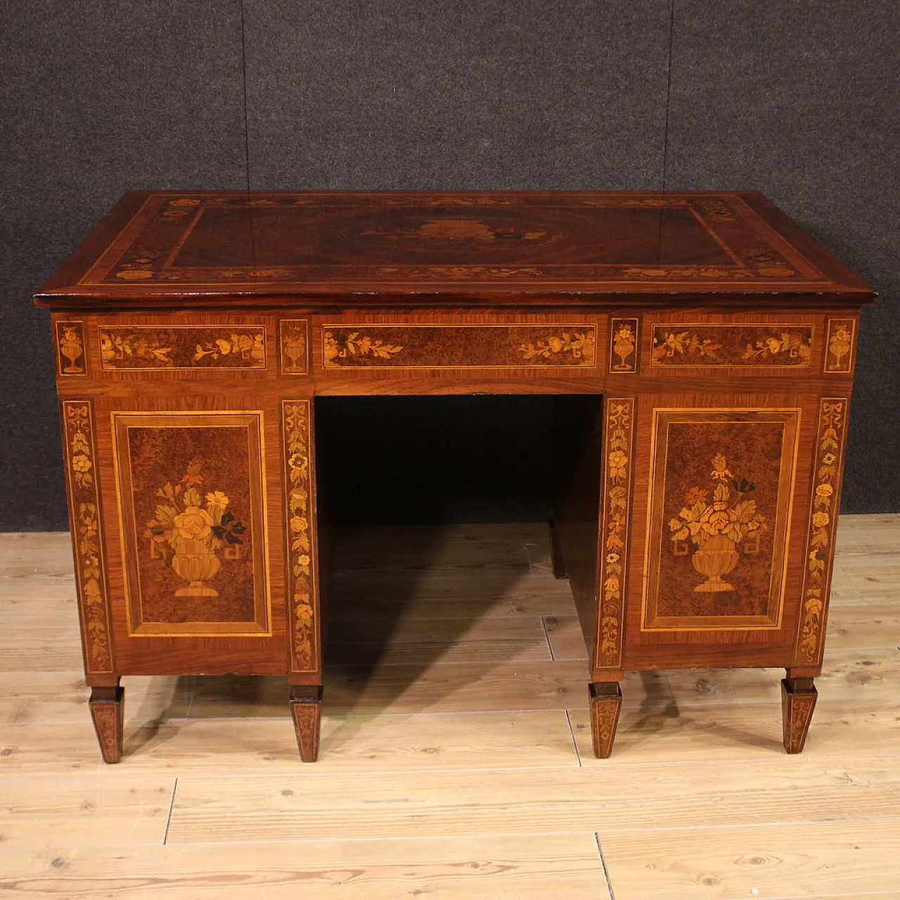 Louis XVI style center desk with flower inlaid wood, 1920s 3