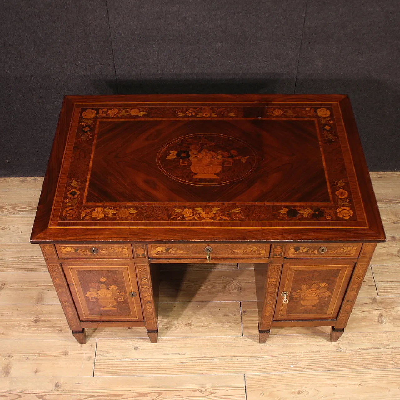 Louis XVI style center desk with flower inlaid wood, 1920s 4