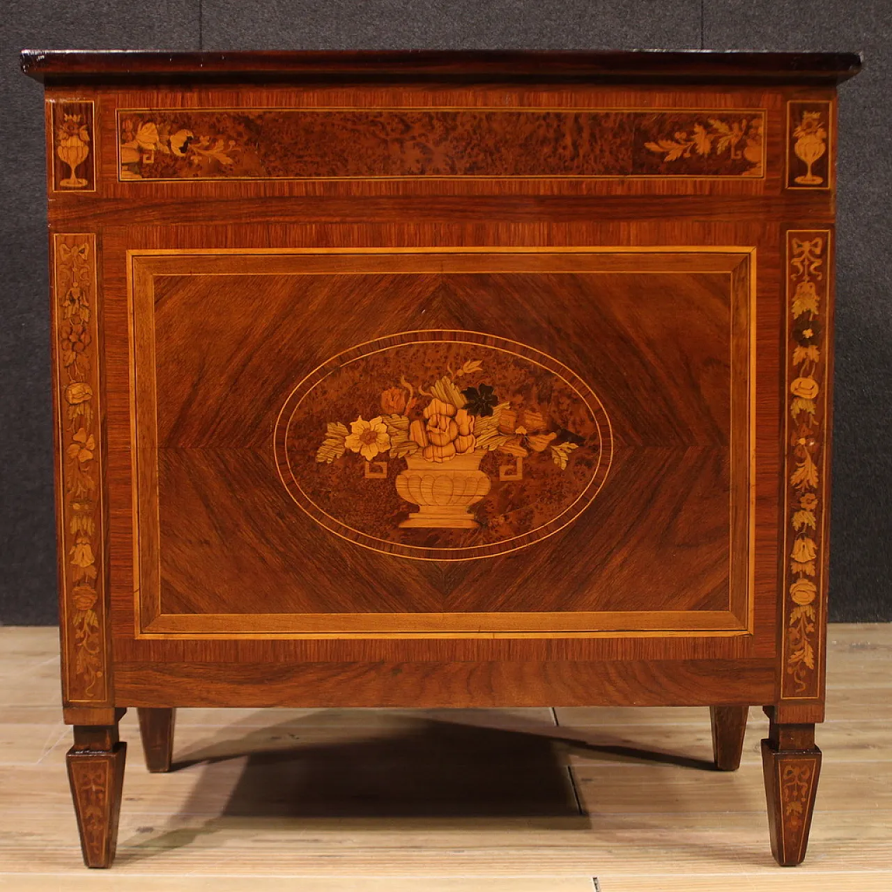 Louis XVI style center desk with flower inlaid wood, 1920s 7