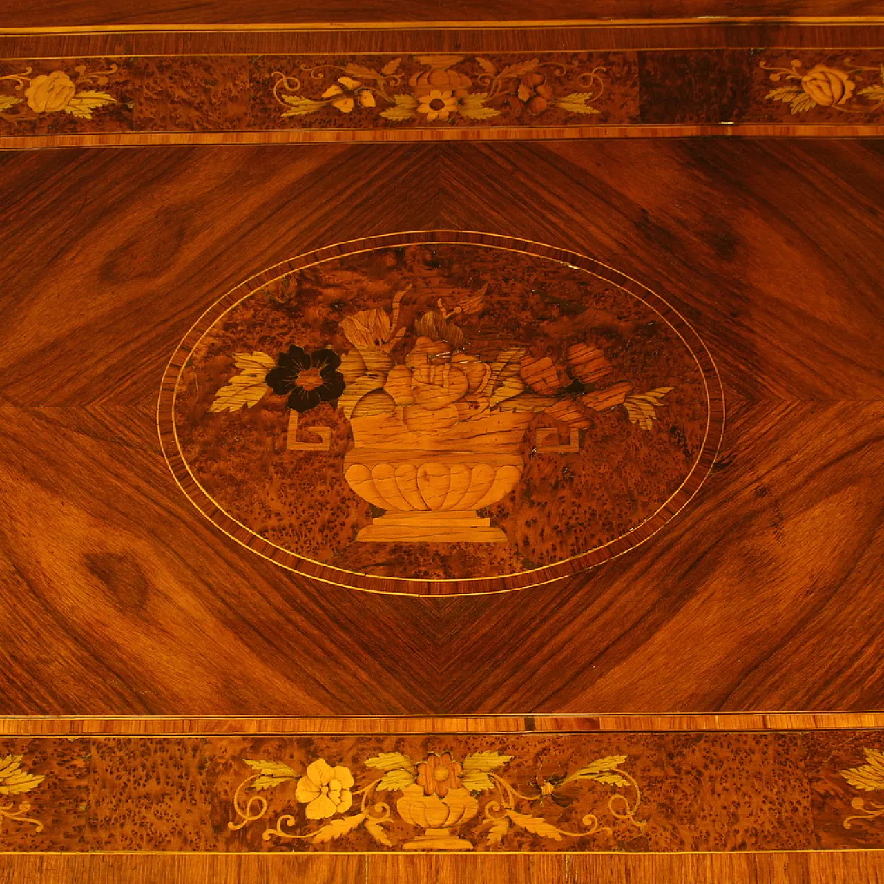 Louis XVI style center desk with flower inlaid wood, 1920s 8