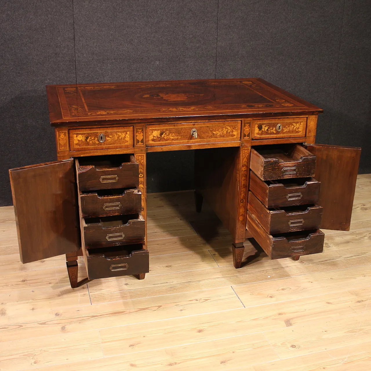 Louis XVI style center desk with flower inlaid wood, 1920s 9