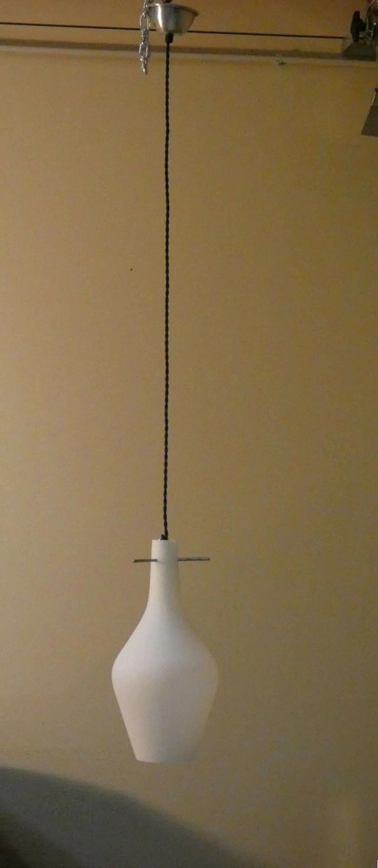 Mid-Century Pendant Lamp in Opaline Glass and Iron, Italy, 1950s 2