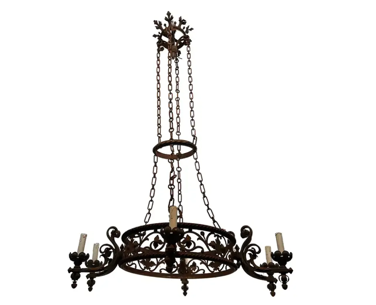 Wrought iron castle chandelier with 6 arms, early 20th century 1