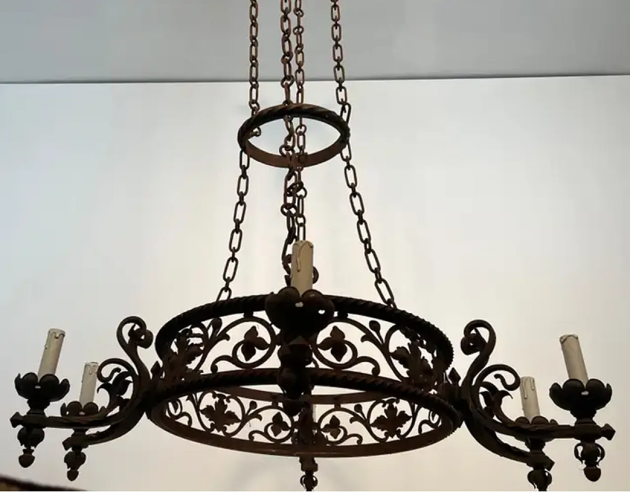 Wrought iron castle chandelier with 6 arms, early 20th century 3