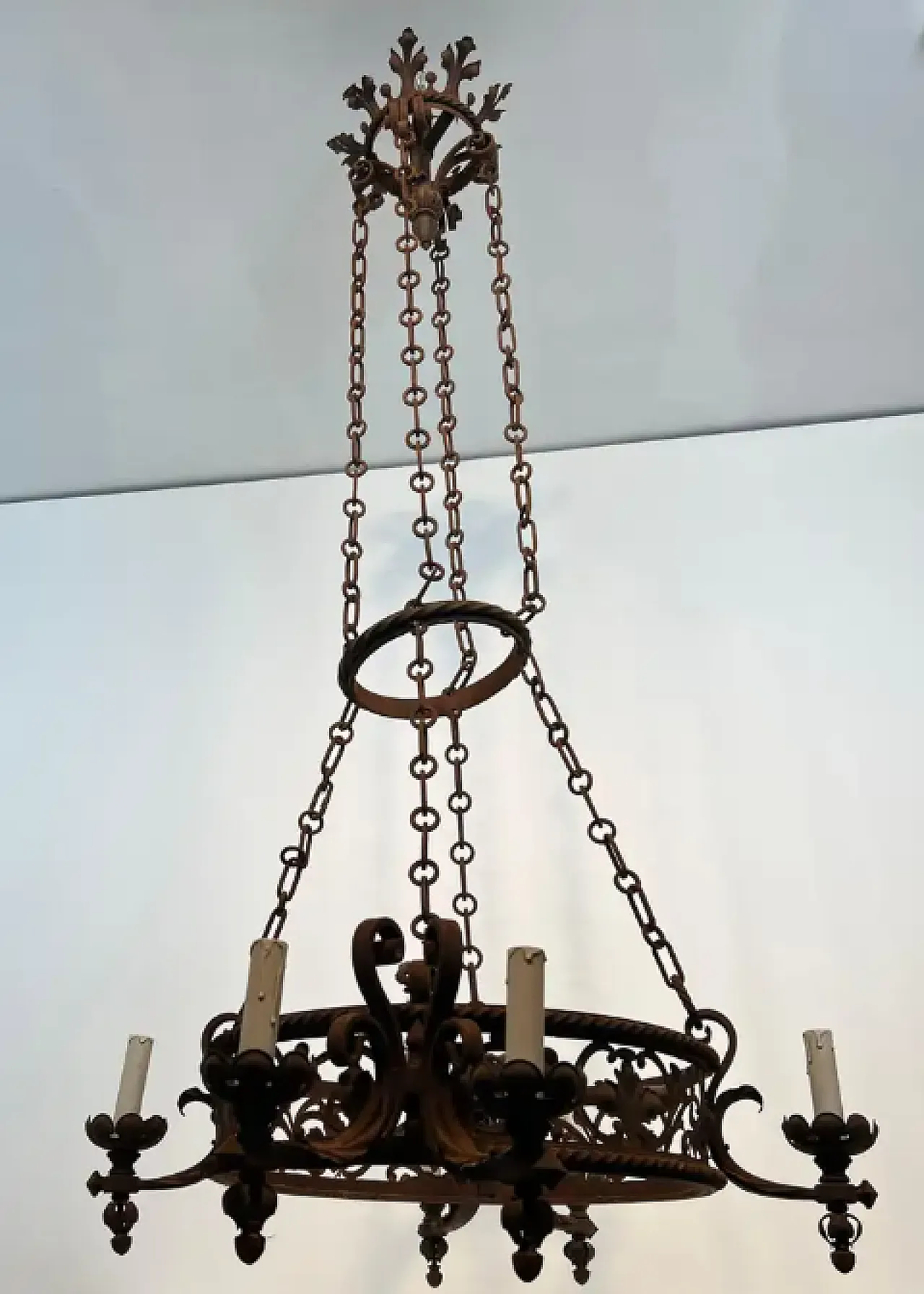 Wrought iron castle chandelier with 6 arms, early 20th century 4