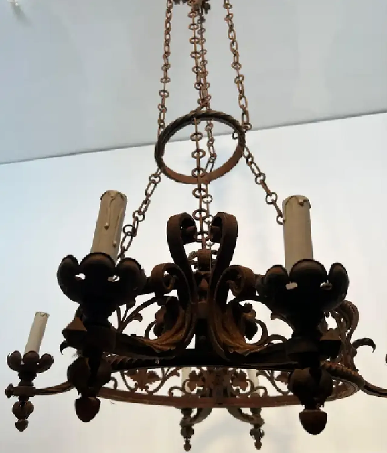 Wrought iron castle chandelier with 6 arms, early 20th century 7