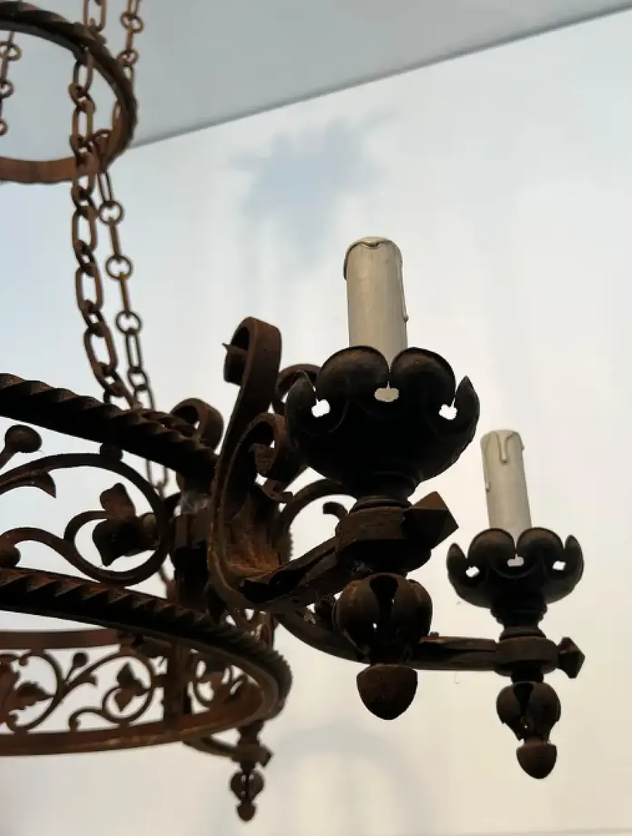 Wrought iron castle chandelier with 6 arms, early 20th century 8