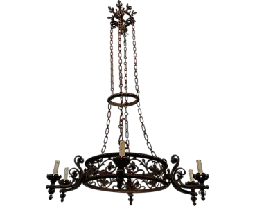 Wrought iron castle chandelier with 6 arms, early 20th century