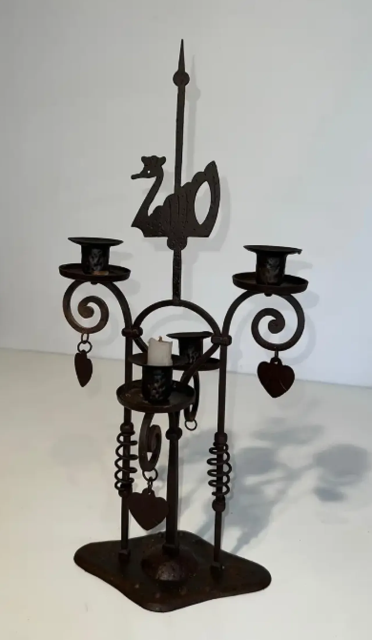 Two lights wrought iron candlestick representing a swan, 1950s 2