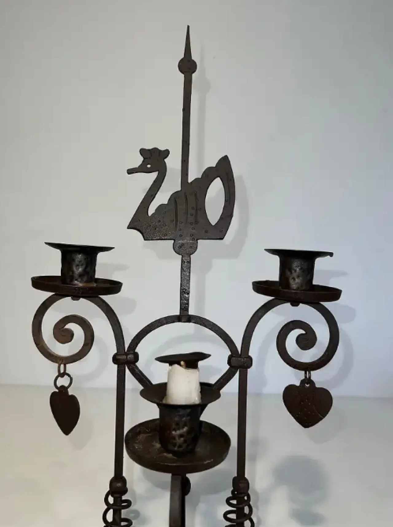 Two lights wrought iron candlestick representing a swan, 1950s 3