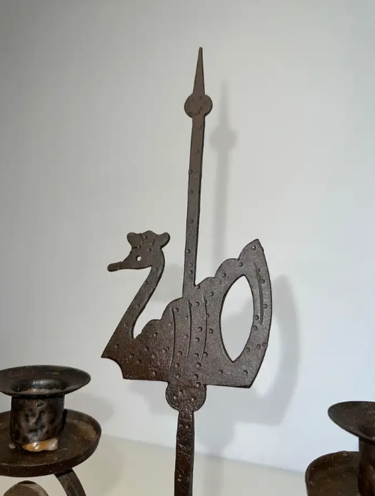 Two lights wrought iron candlestick representing a swan, 1950s 4