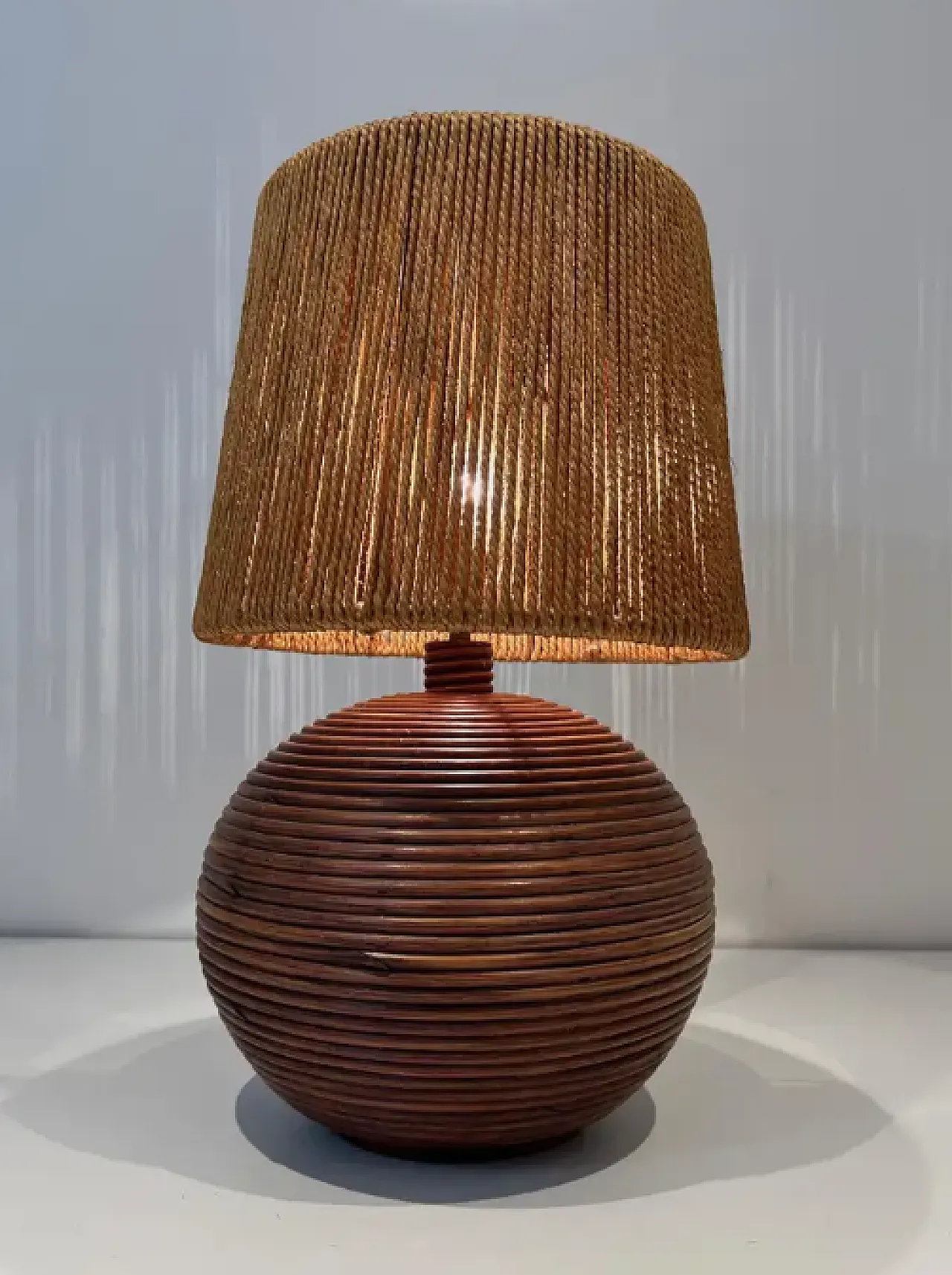 Round rattan lamp with rope shade, 1970s 2