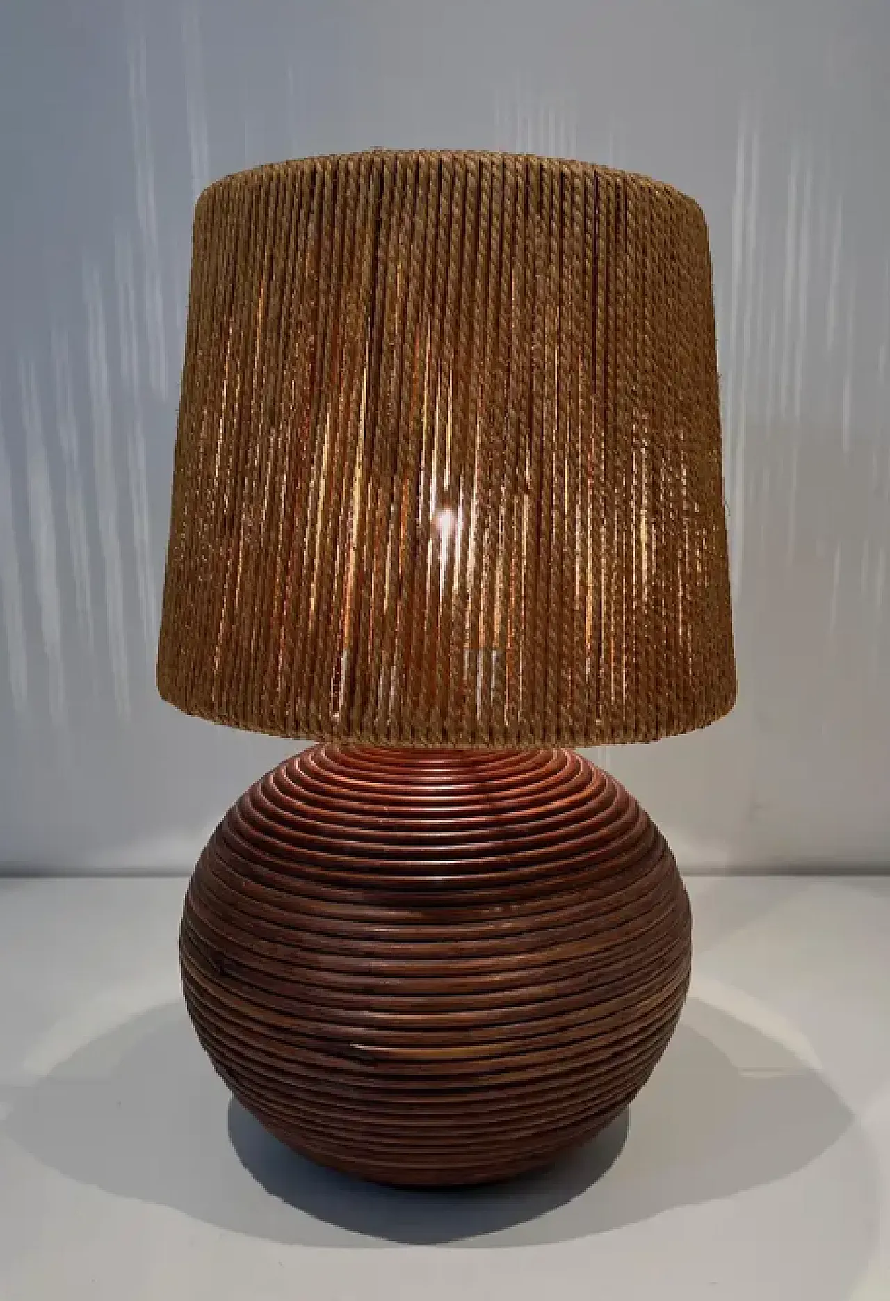 Round rattan lamp with rope shade, 1970s 3