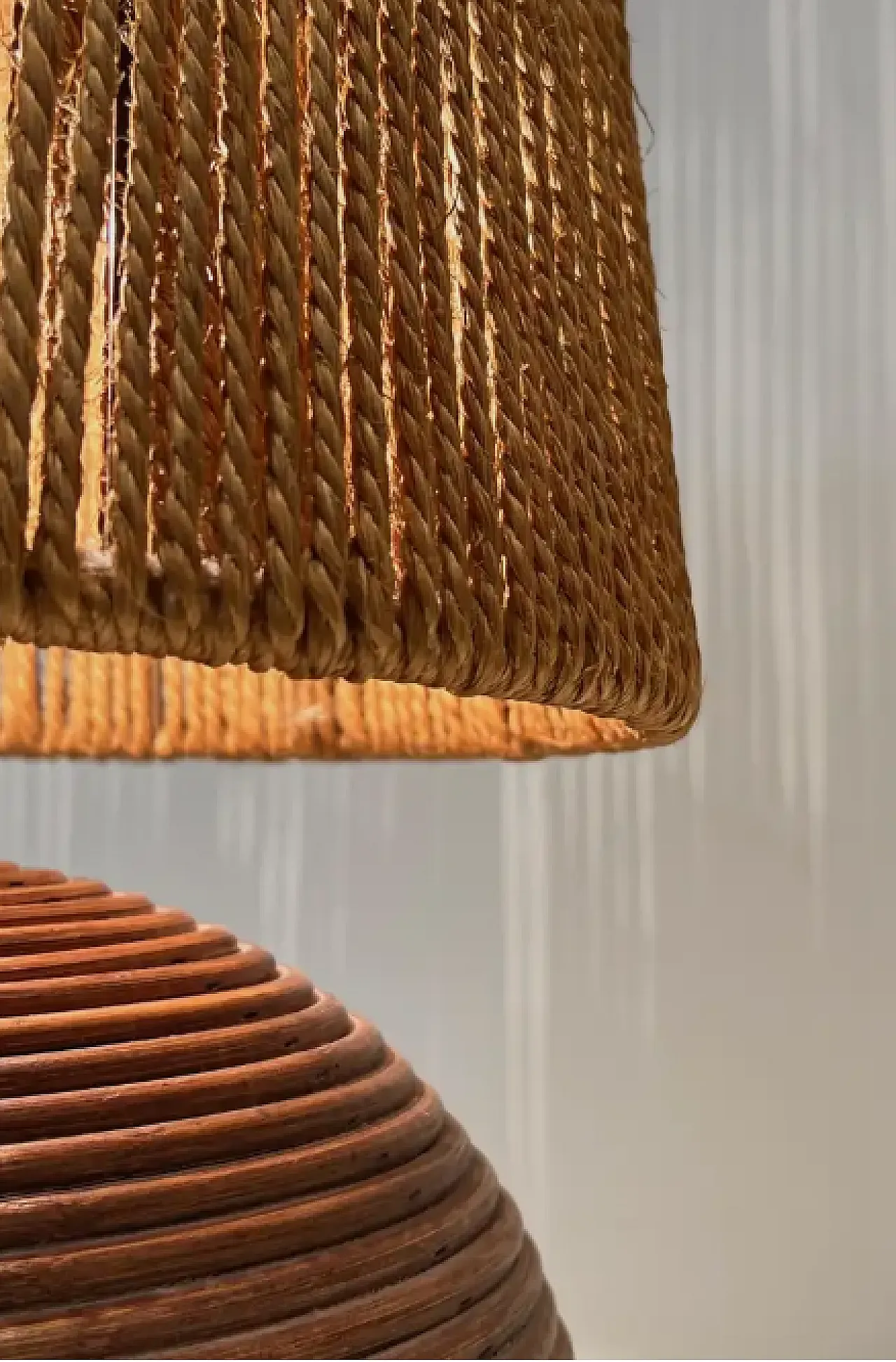 Round rattan lamp with rope shade, 1970s 6