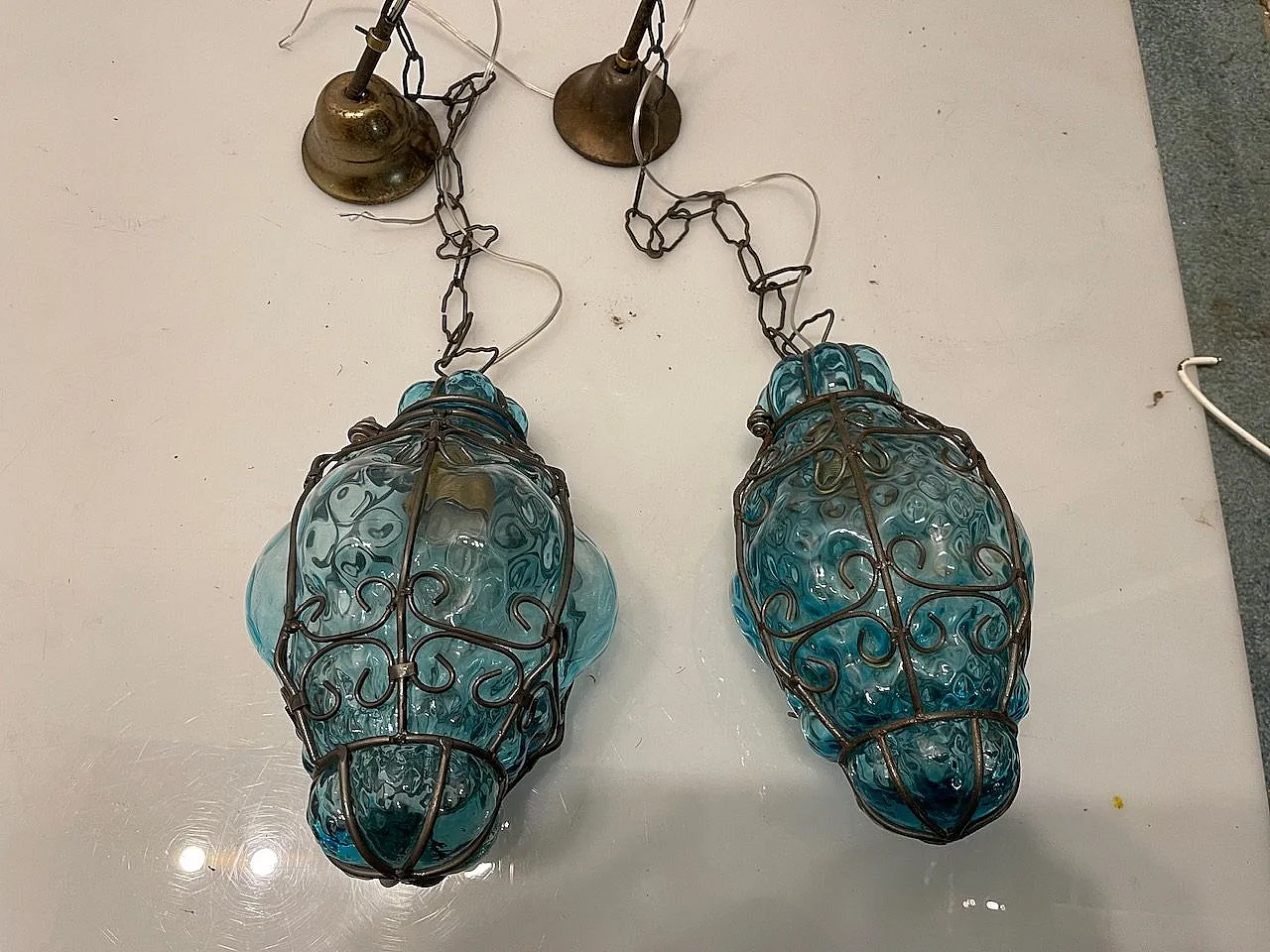 Pair of blue Murano glass light pendants, 70s 8