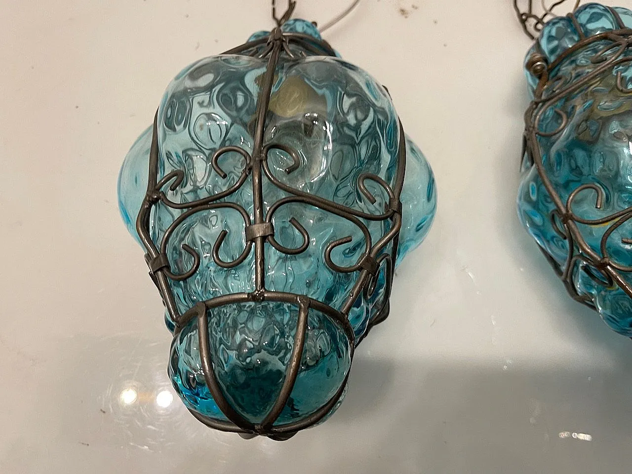 Pair of blue Murano glass light pendants, 70s 9