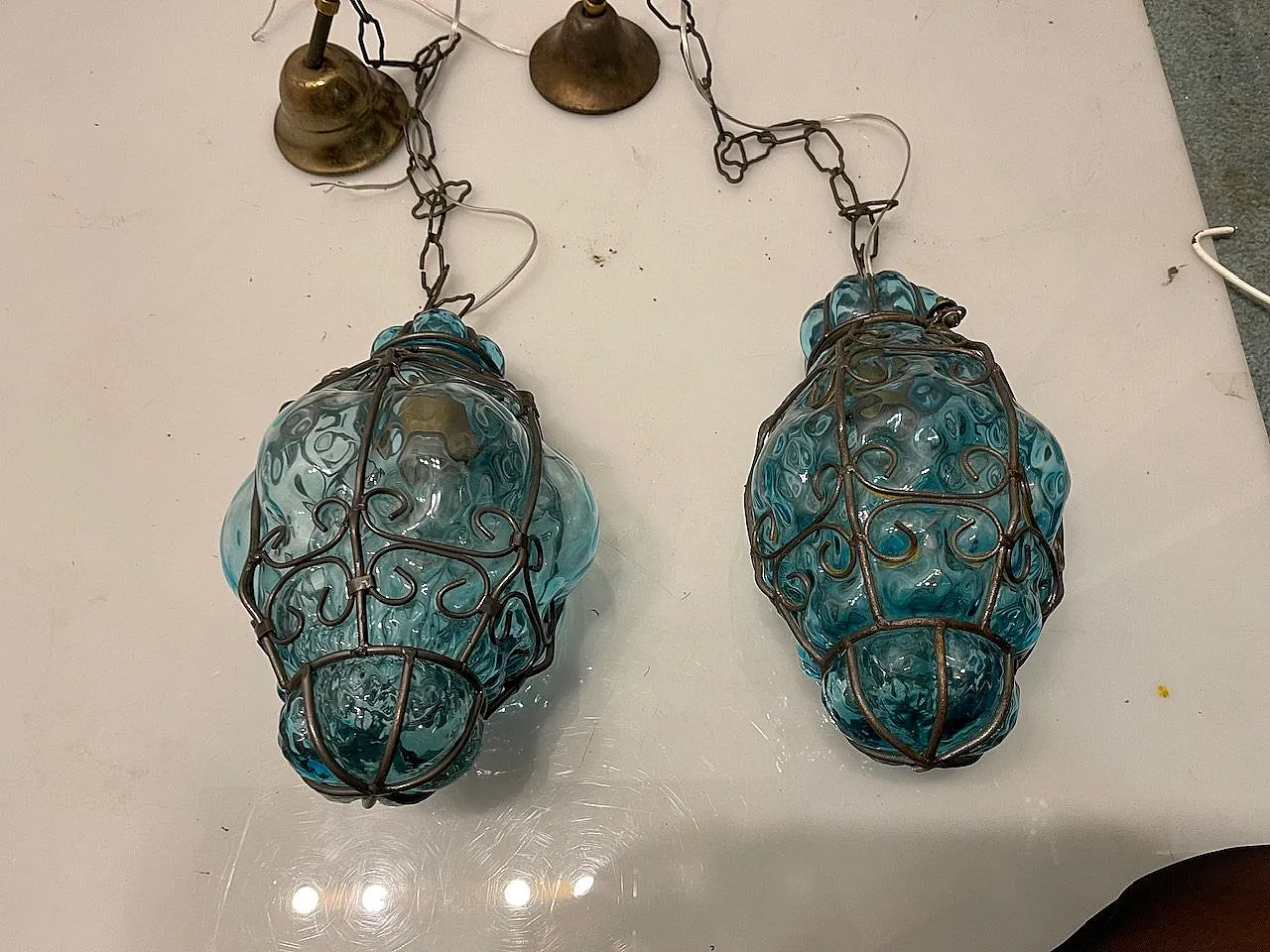 Pair of blue Murano glass light pendants, 70s 10