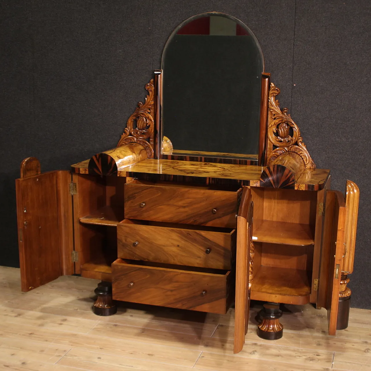 Scenic Deco sideboard vanity with mirror,  1930s 8