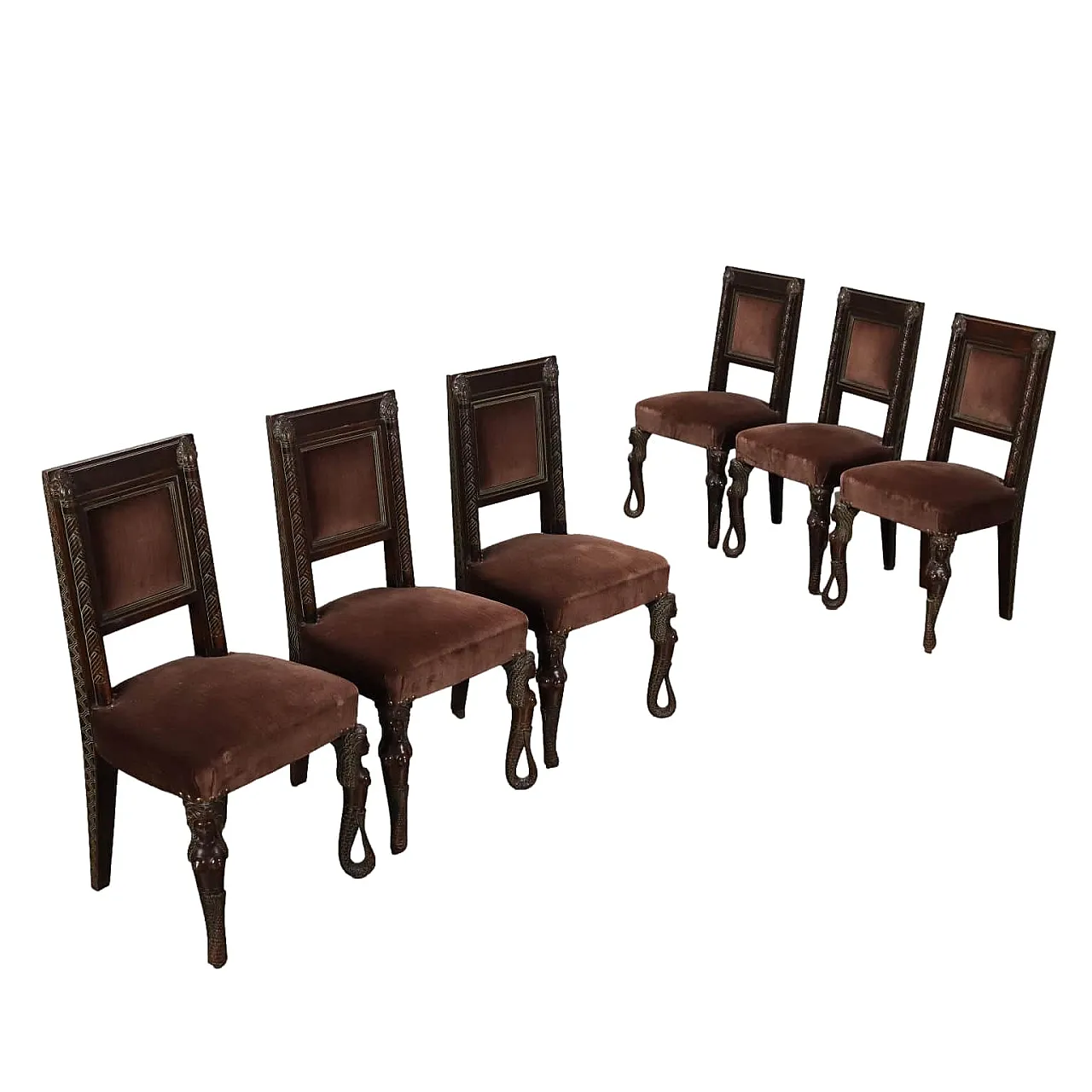 Rino Galbiati, 6 sculptural walnut chairs with mermaids, 20th century 1