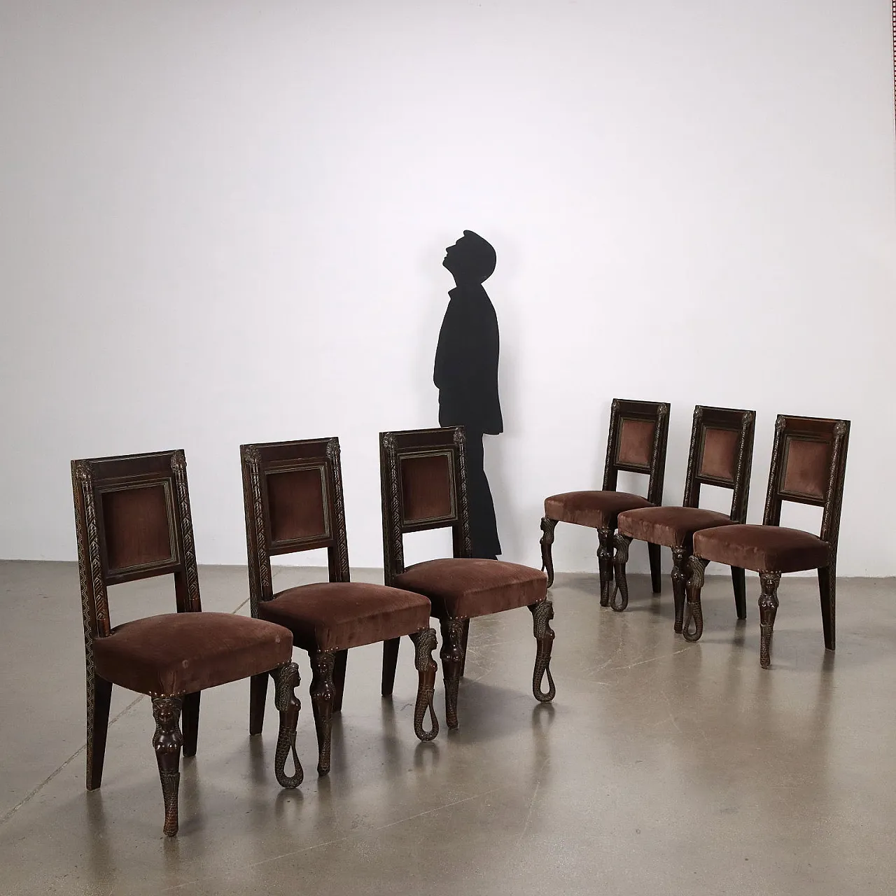 Rino Galbiati, 6 sculptural walnut chairs with mermaids, 20th century 2