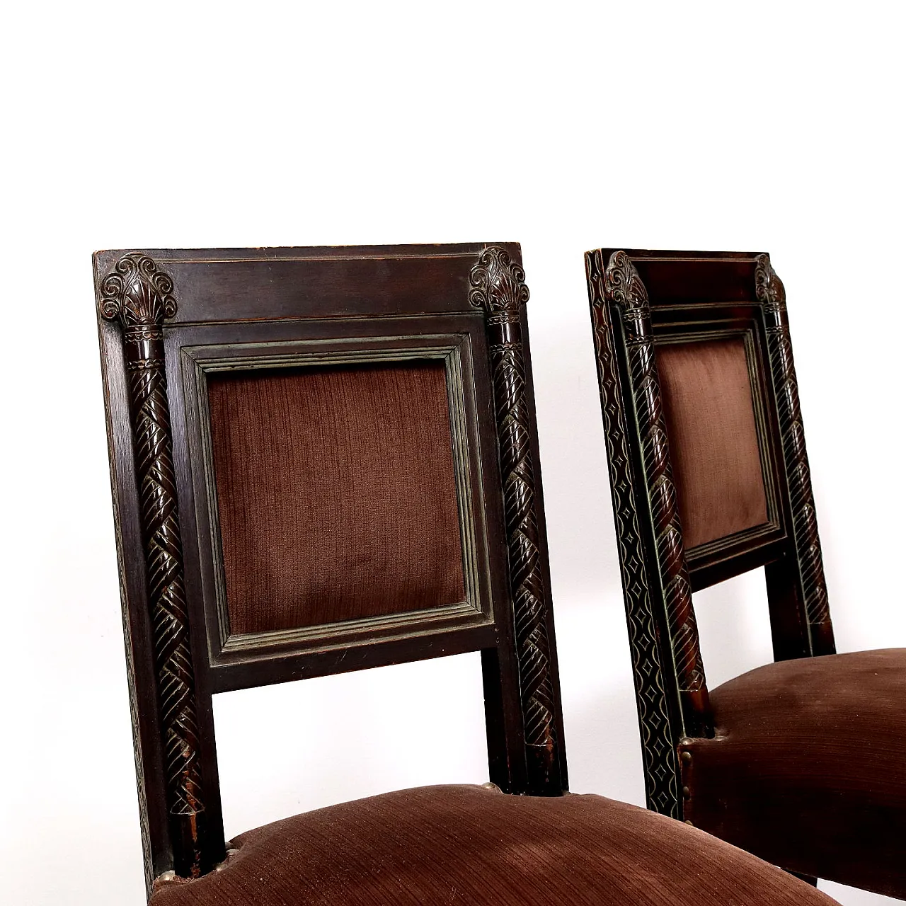 Rino Galbiati, 6 sculptural walnut chairs with mermaids, 20th century 3