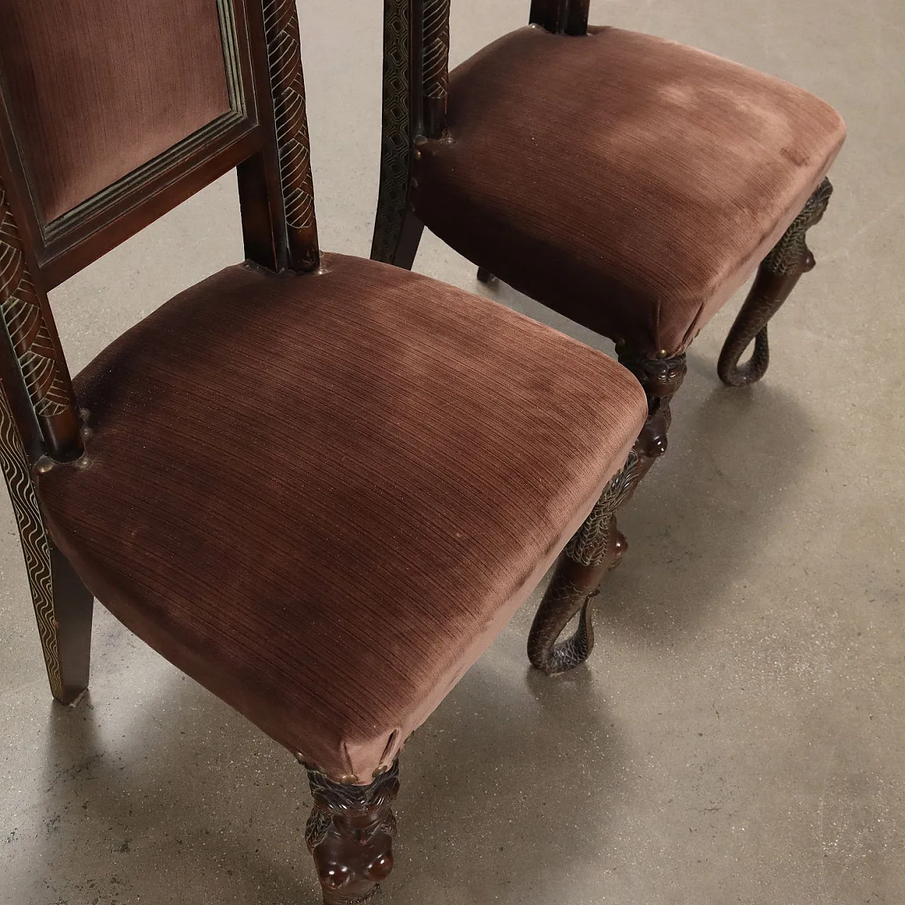 Rino Galbiati, 6 sculptural walnut chairs with mermaids, 20th century 4