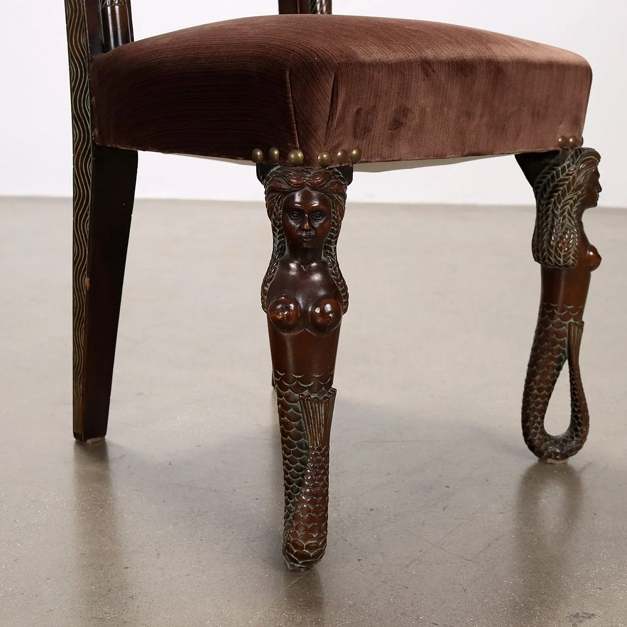 Rino Galbiati, 6 sculptural walnut chairs with mermaids, 20th century 5