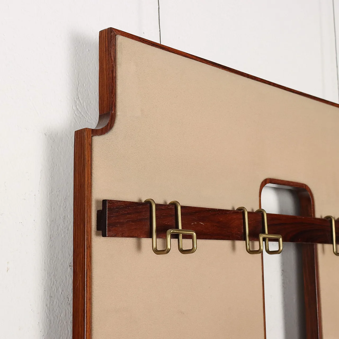 Wall-mounted wooden coat rack with metal hooks, 1950s 3