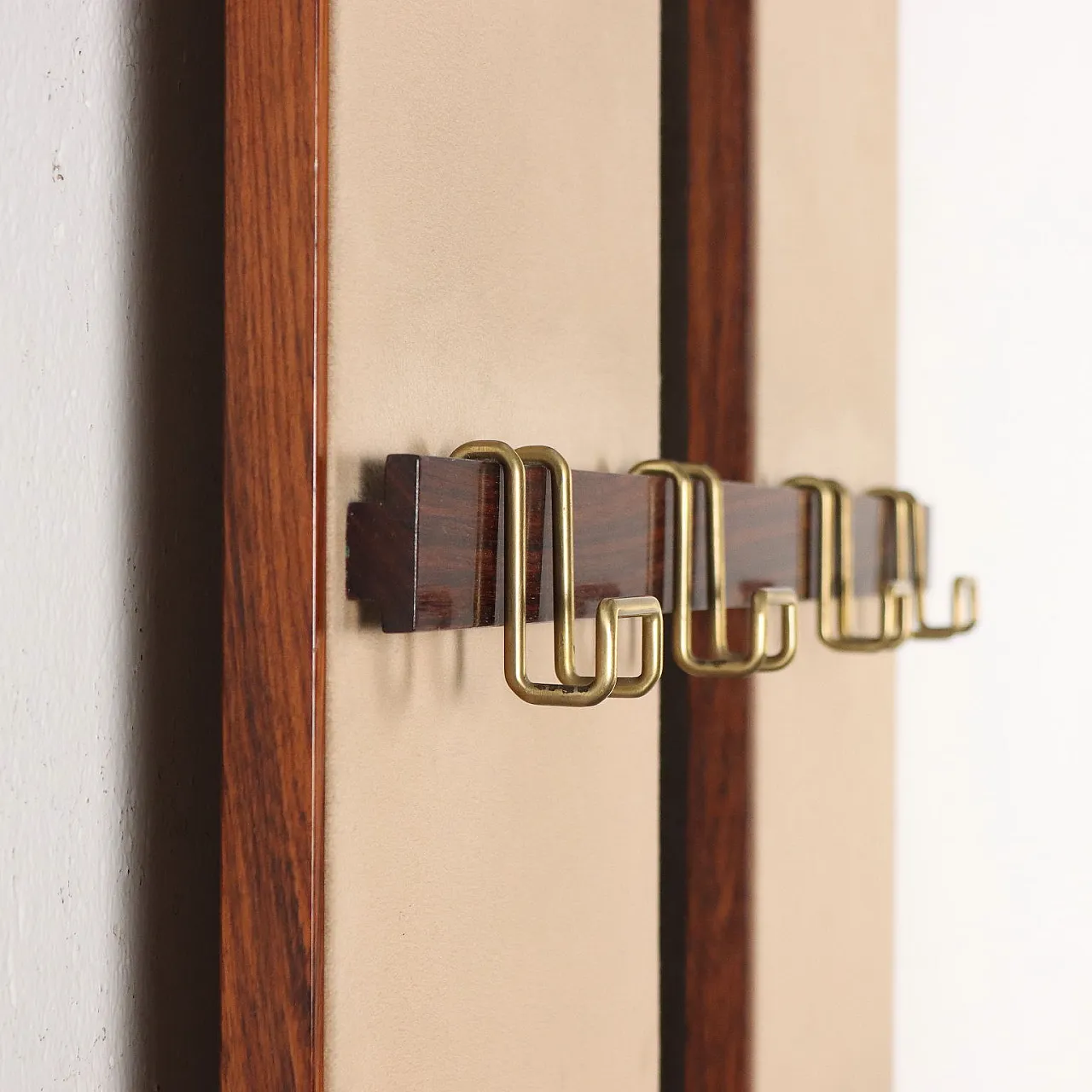 Wall-mounted wooden coat rack with metal hooks, 1950s 5