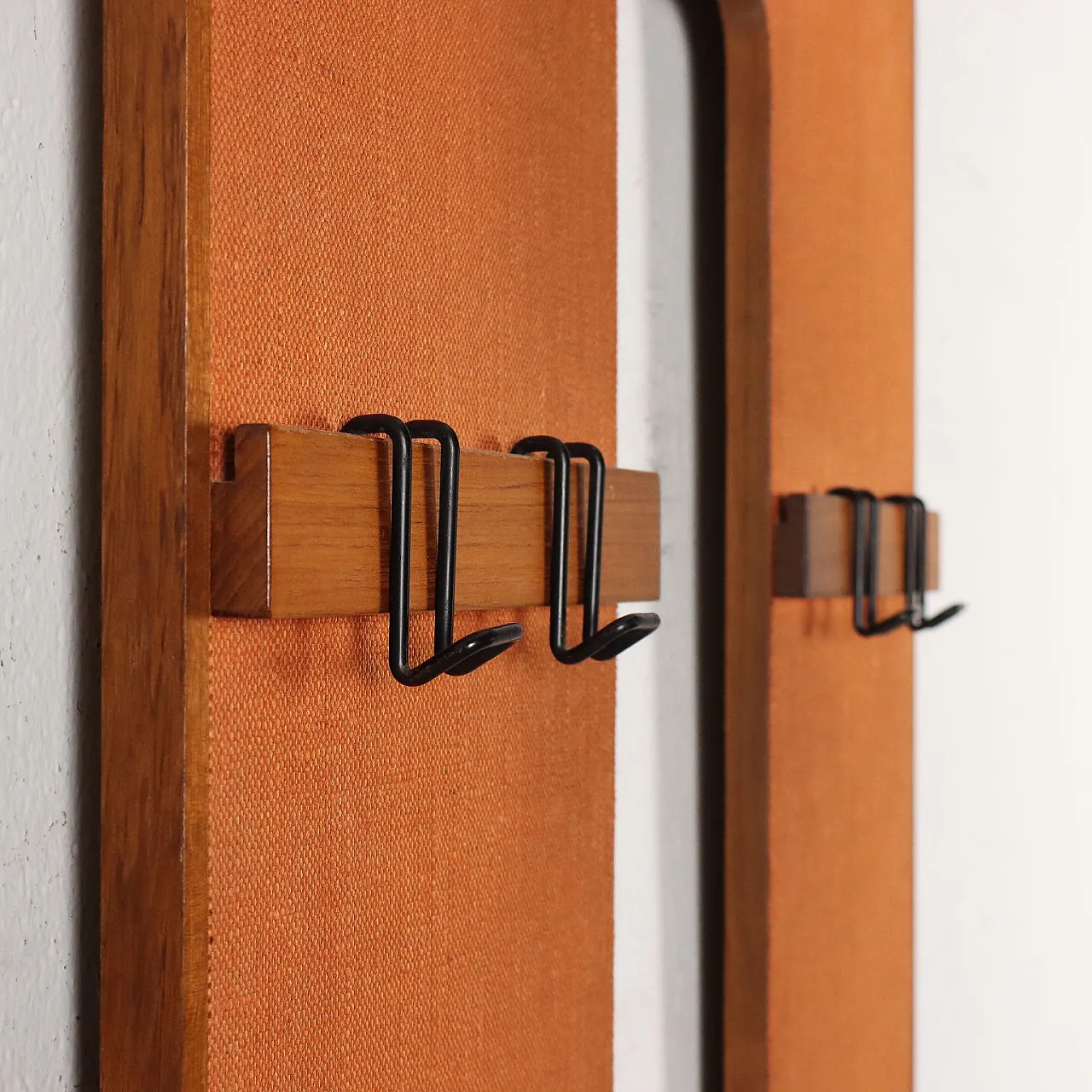 Fabric-covered wooden clothes rack with metal hooks, 1950s 4