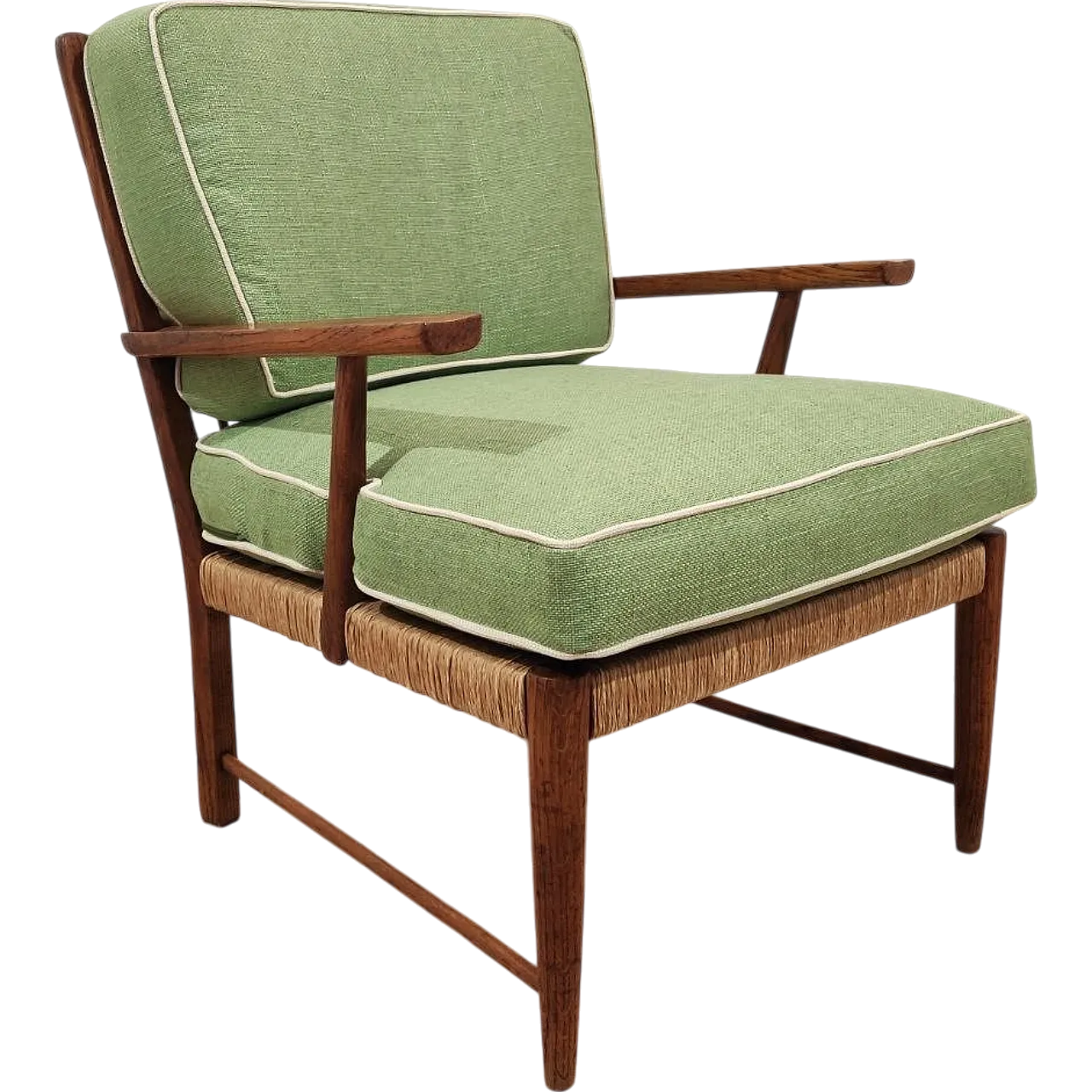 Armchair in chestnut wood and straw, 1950s 8